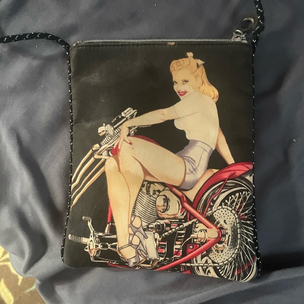 Stylish Retro Biker Crossbody Bag with sexy pin up girls & rhinestones!